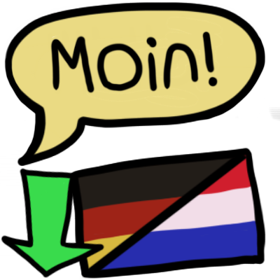 a pale yellow speech bubble with 'Moin! ' in it. Below is a rectangle ,  showing half of the German flag and half of the Dutch flag. To the left is a green downwards arrow.